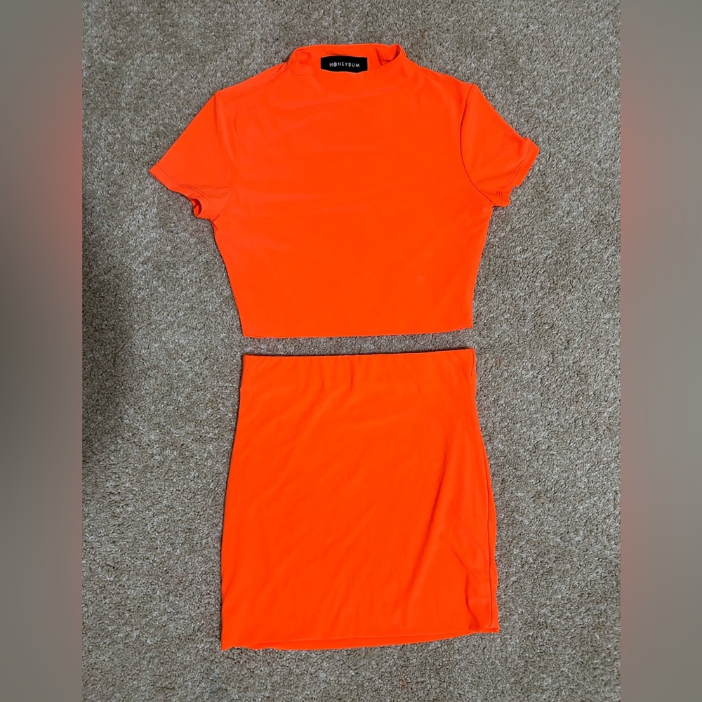 HoneyBum 2 piece skirt set neon orange